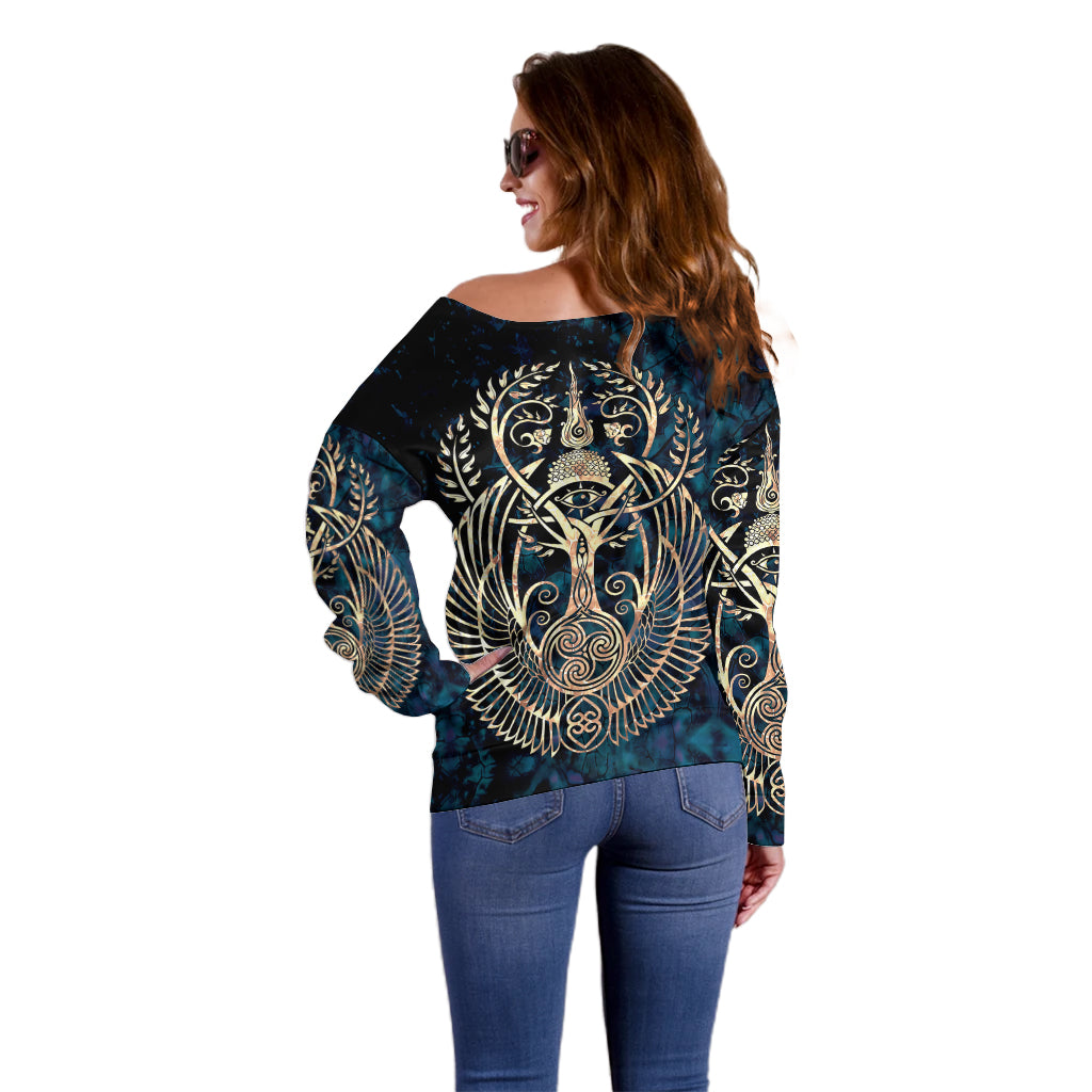 Adinkra Symbols Off Shoulder Sweater Tree of Life - Wonder Print Shop