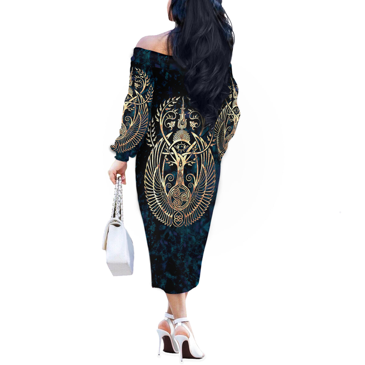 Adinkra Symbols Off The Shoulder Long Sleeve Dress Tree of Life - Wonder Print Shop