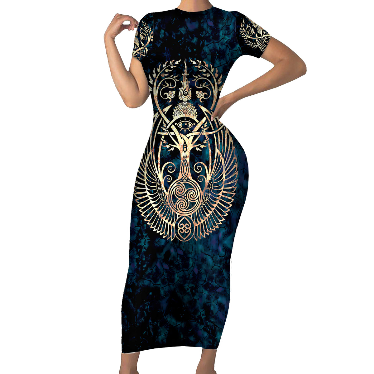 Adinkra Symbols Short Sleeve Bodycon Dress Tree of Life - Wonder Print Shop