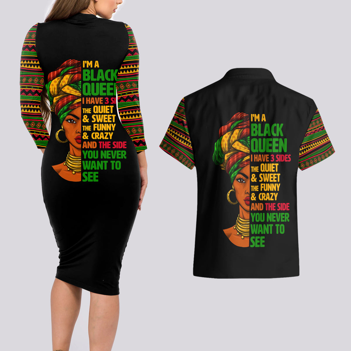 Three Sides Of Me Couples Matching Long Sleeve Bodycon Dress and Hawaiian Shirt African Women Black Queen - Wonder Print Shop