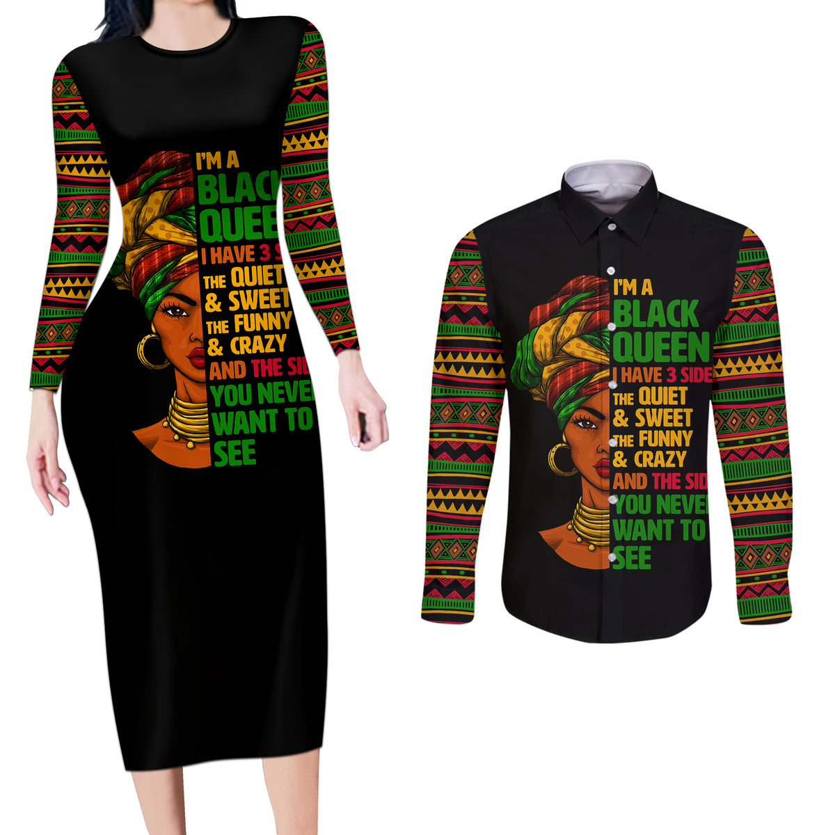 Three Sides Of Me Couples Matching Long Sleeve Bodycon Dress and Long Sleeve Button Shirts African Women Black Queen - Wonder Print Shop