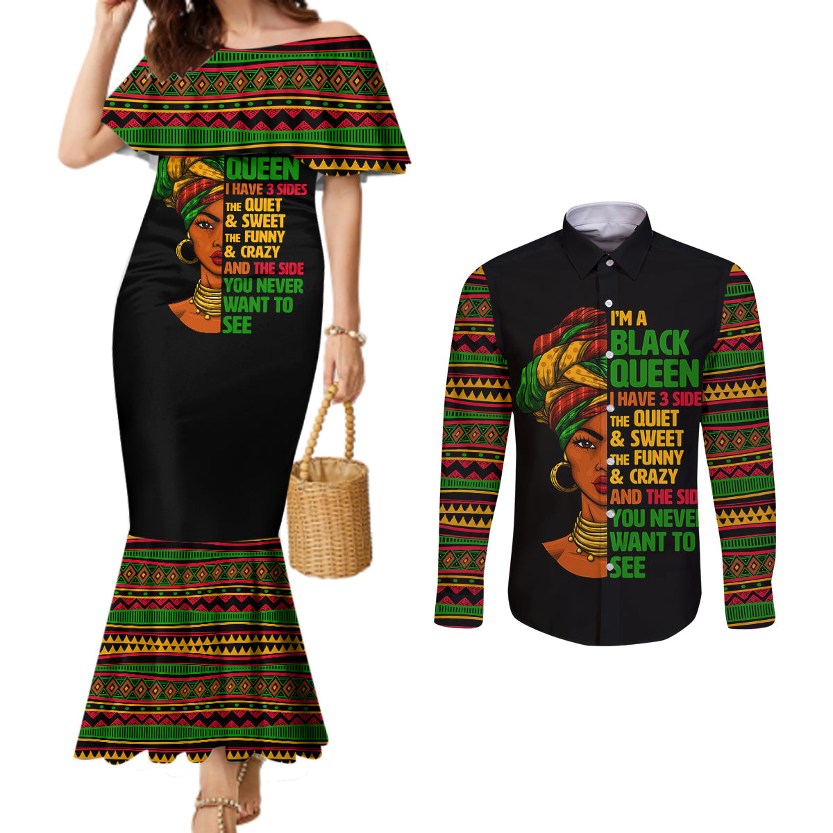 three-sides-of-me-couples-matching-mermaid-dress-and-long-sleeve-button-shirts-african-women-black-queen