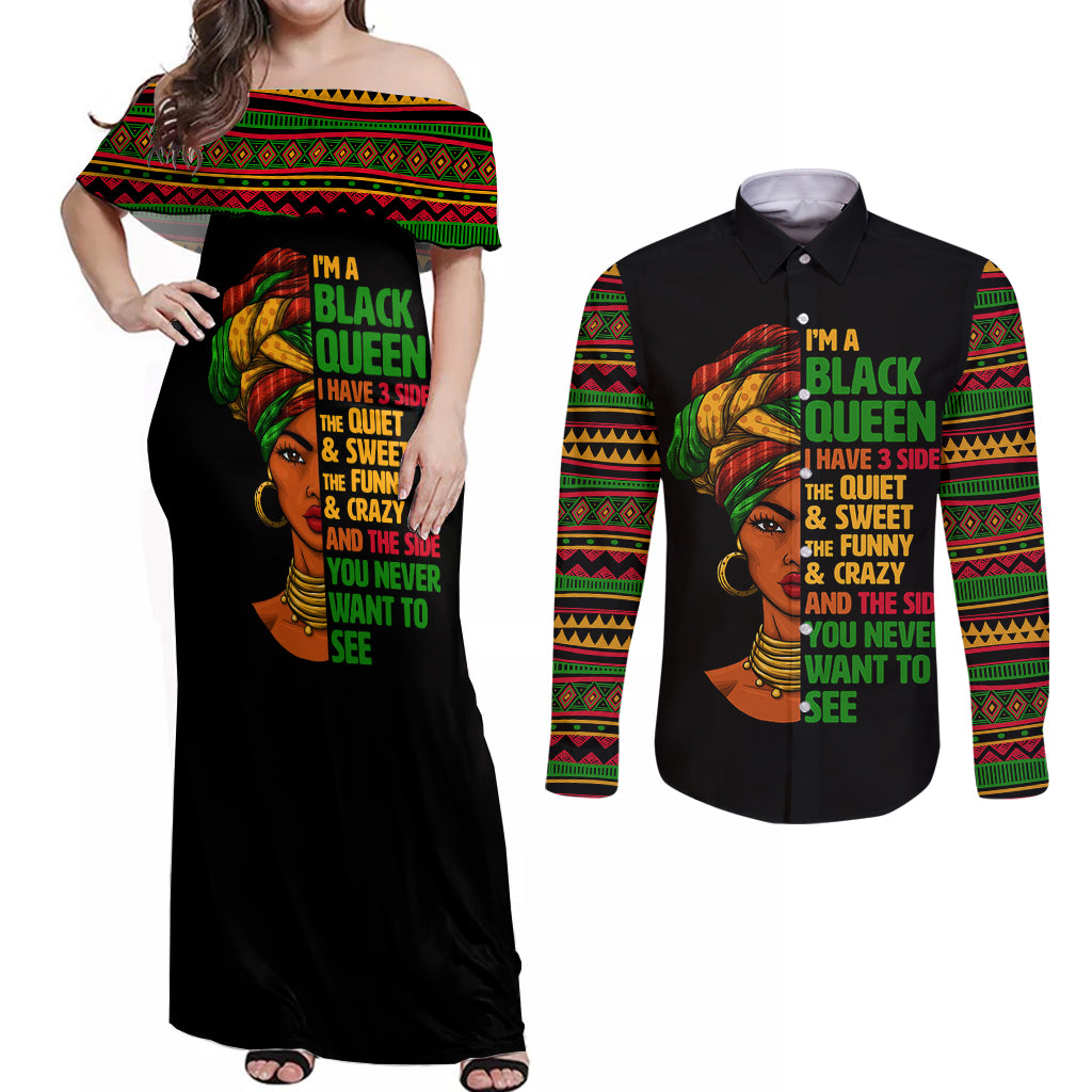 Three Sides Of Me Couples Matching Off Shoulder Maxi Dress and Long Sleeve Button Shirts African Women Black Queen - Wonder Print Shop