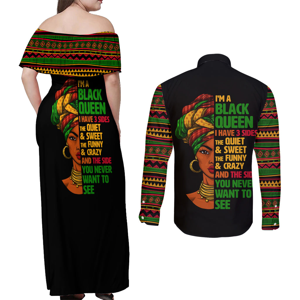 Three Sides Of Me Couples Matching Off Shoulder Maxi Dress and Long Sleeve Button Shirts African Women Black Queen - Wonder Print Shop