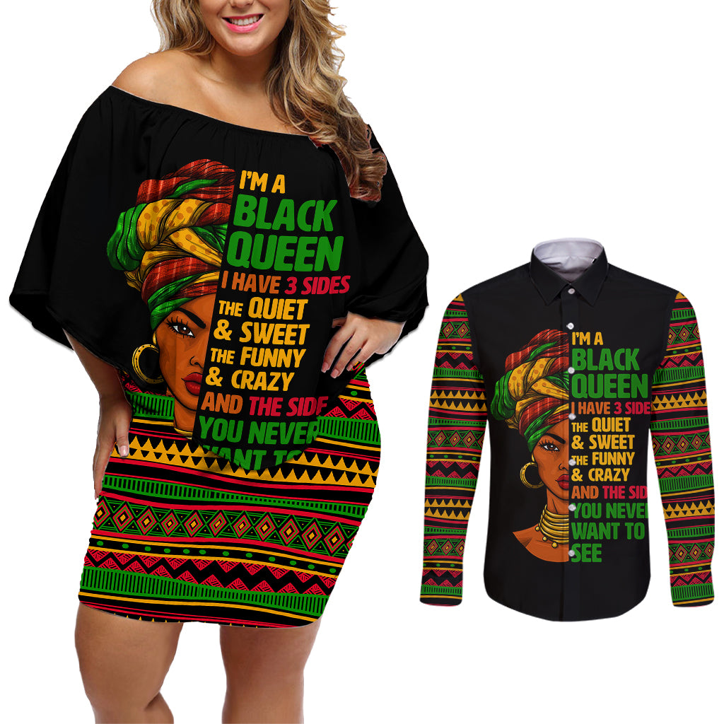 Three Sides Of Me Couples Matching Off Shoulder Short Dress and Long Sleeve Button Shirts African Women Black Queen - Wonder Print Shop