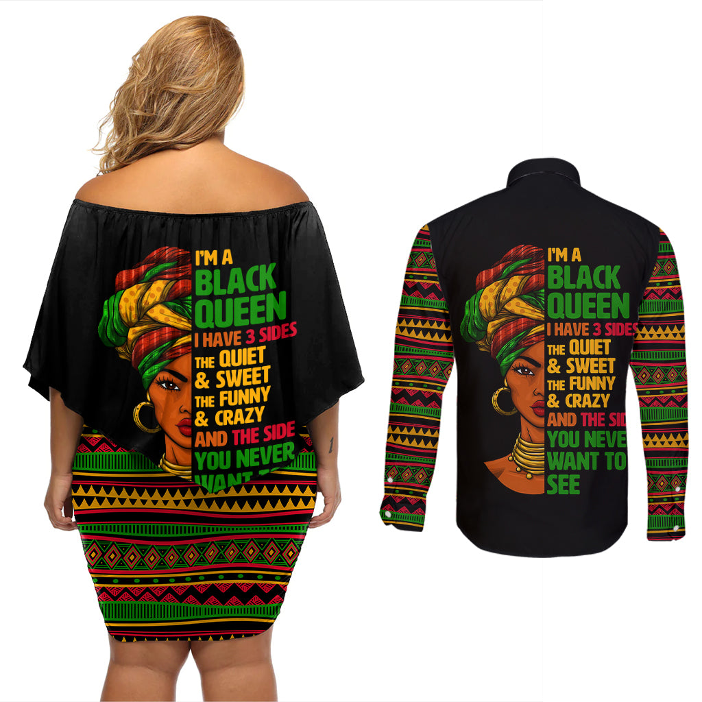 Three Sides Of Me Couples Matching Off Shoulder Short Dress and Long Sleeve Button Shirts African Women Black Queen - Wonder Print Shop