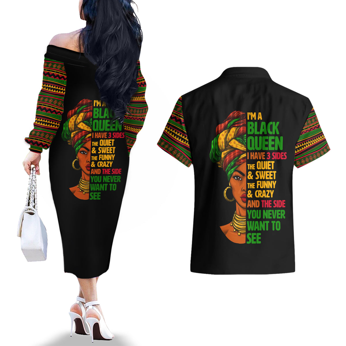 Three Sides Of Me Couples Matching Off The Shoulder Long Sleeve Dress and Hawaiian Shirt African Women Black Queen - Wonder Print Shop
