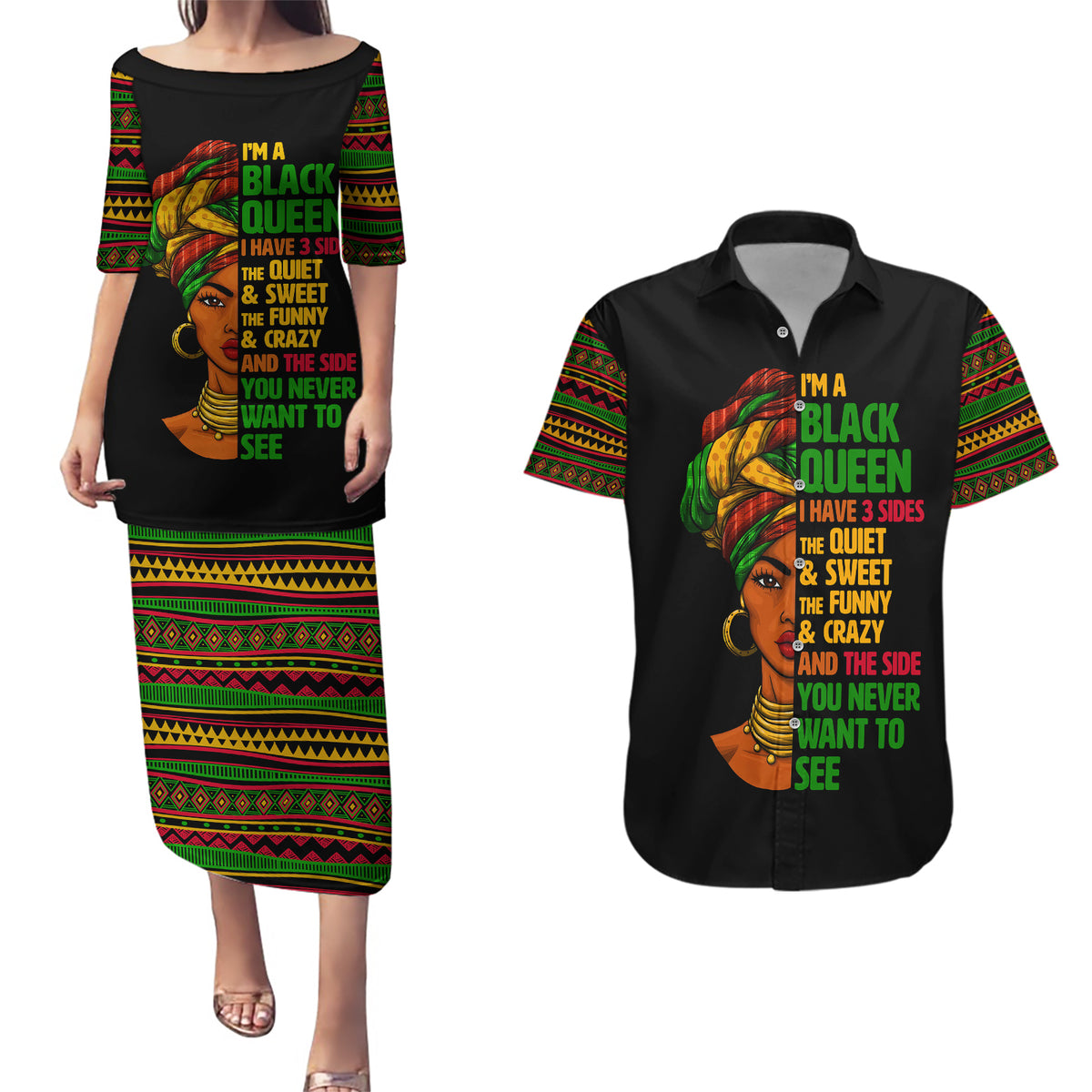 Three Sides Of Me Couples Matching Puletasi Dress and Hawaiian Shirt African Women Black Queen - Wonder Print Shop