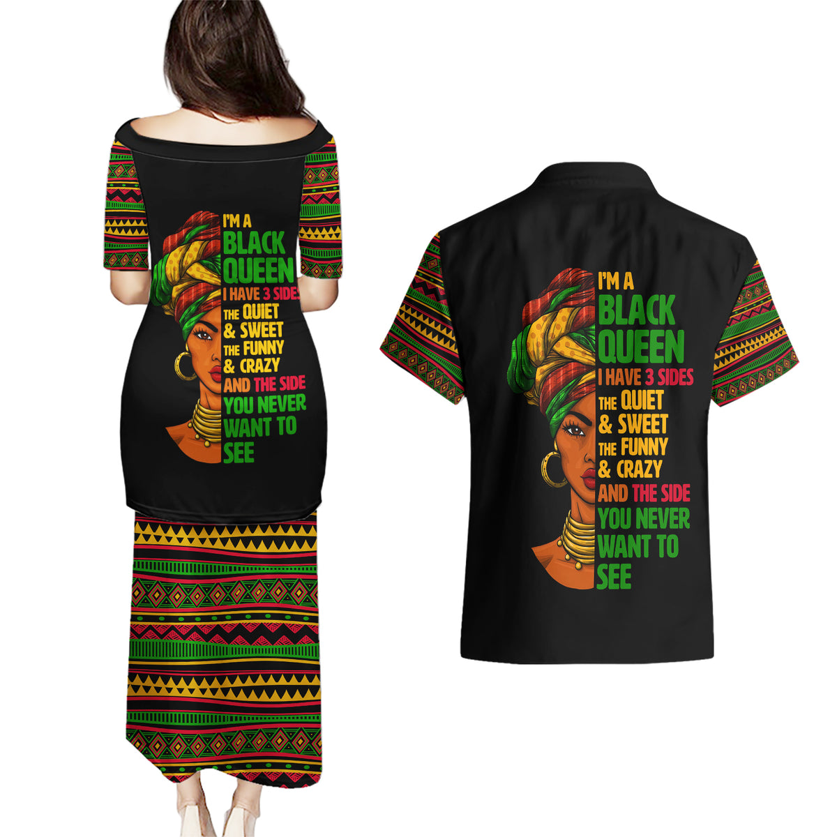 Three Sides Of Me Couples Matching Puletasi Dress and Hawaiian Shirt African Women Black Queen - Wonder Print Shop
