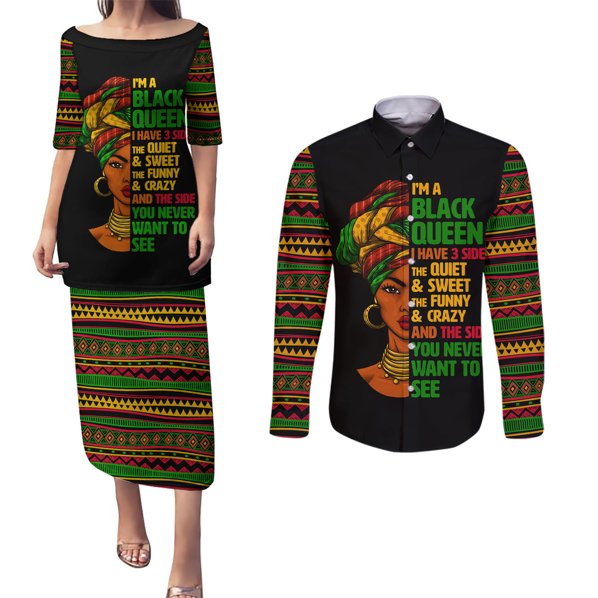 Three Sides Of Me Couples Matching Puletasi Dress and Long Sleeve Button Shirts African Women Black Queen - Wonder Print Shop