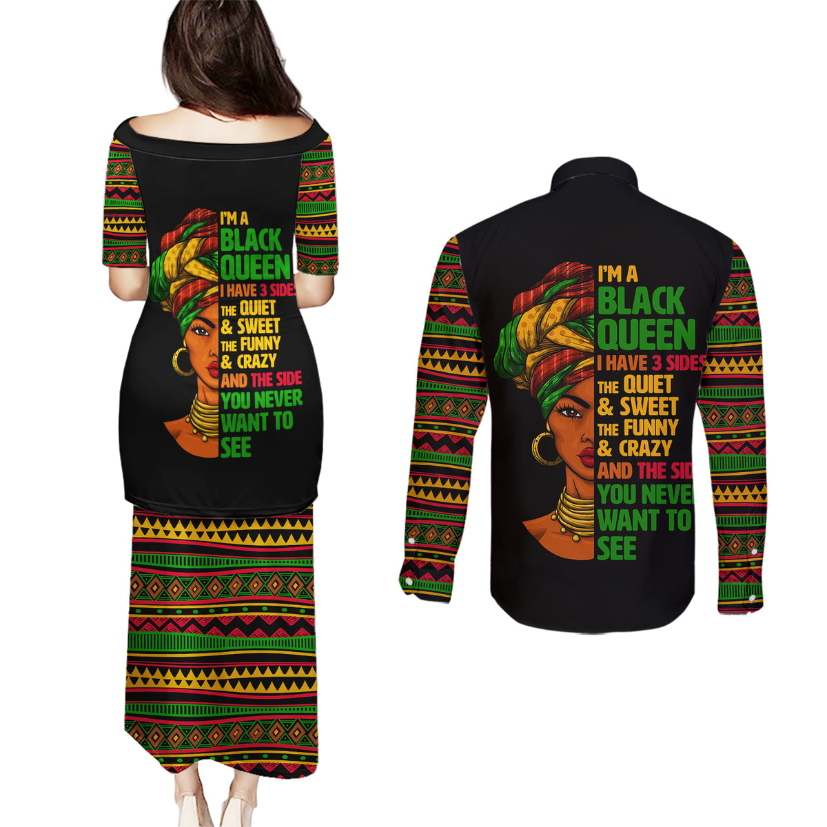 Three Sides Of Me Couples Matching Puletasi Dress and Long Sleeve Button Shirts African Women Black Queen - Wonder Print Shop