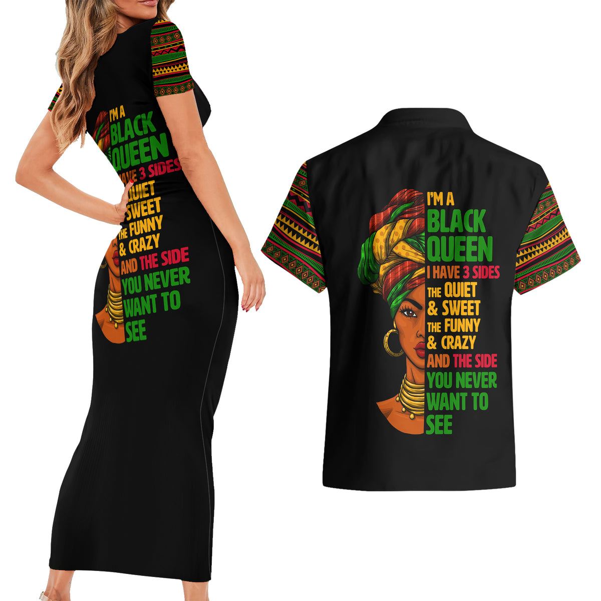 Three Sides Of Me Couples Matching Short Sleeve Bodycon Dress and Hawaiian Shirt African Women Black Queen - Wonder Print Shop