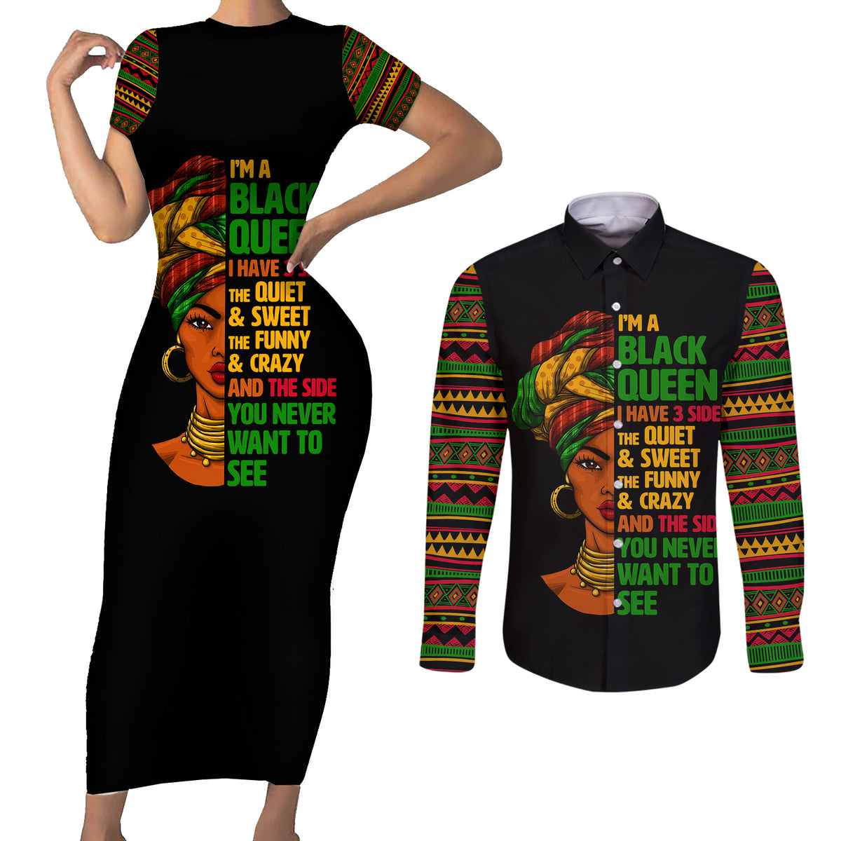 Three Sides Of Me Couples Matching Short Sleeve Bodycon Dress and Long Sleeve Button Shirts African Women Black Queen - Wonder Print Shop