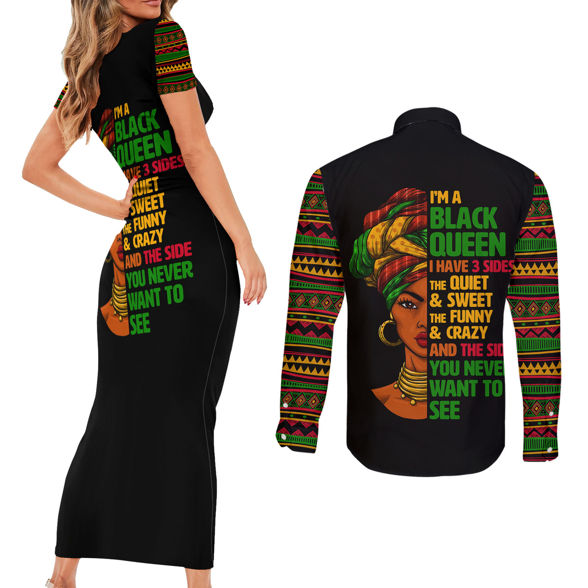 Three Sides Of Me Couples Matching Short Sleeve Bodycon Dress and Long Sleeve Button Shirts African Women Black Queen - Wonder Print Shop