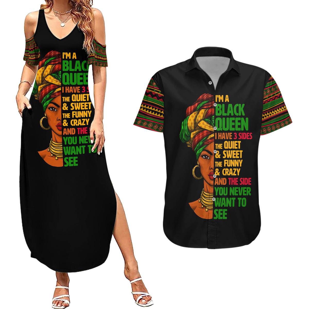 Three Sides Of Me Couples Matching Summer Maxi Dress and Hawaiian Shirt African Women Black Queen - Wonder Print Shop