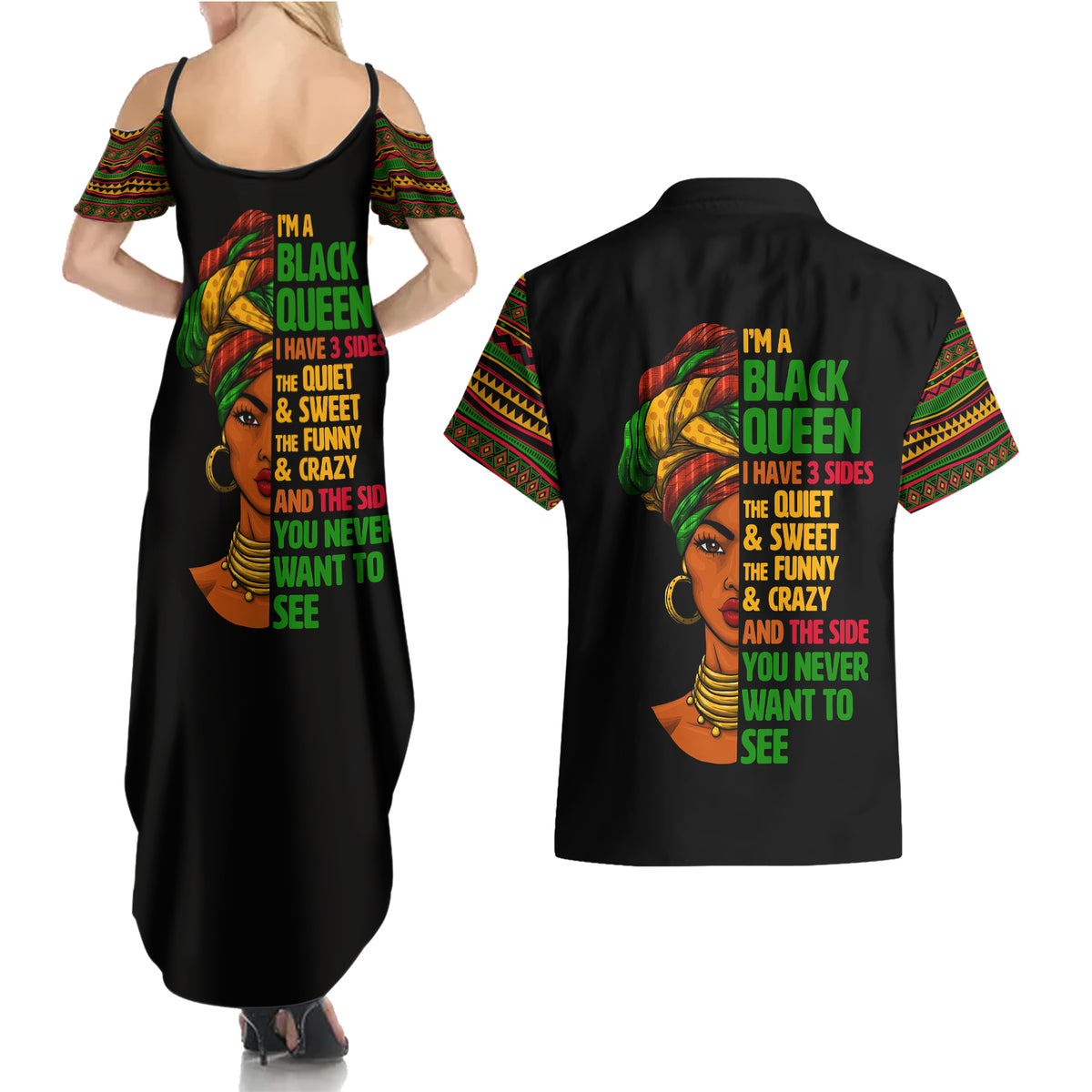 Three Sides Of Me Couples Matching Summer Maxi Dress and Hawaiian Shirt African Women Black Queen - Wonder Print Shop
