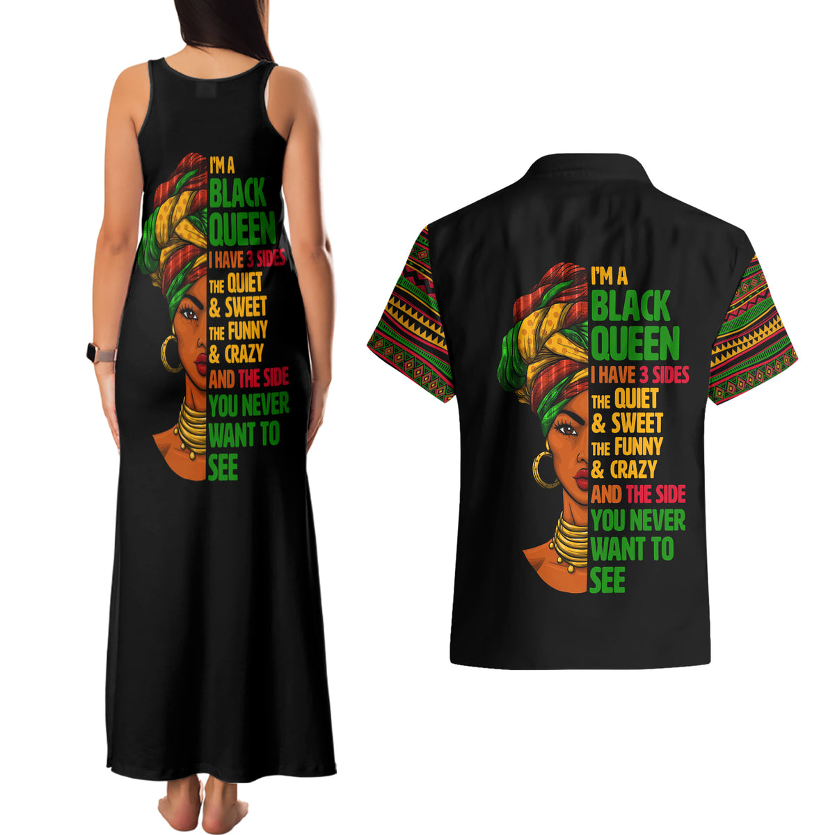 Three Sides Of Me Couples Matching Tank Maxi Dress and Hawaiian Shirt African Women Black Queen - Wonder Print Shop