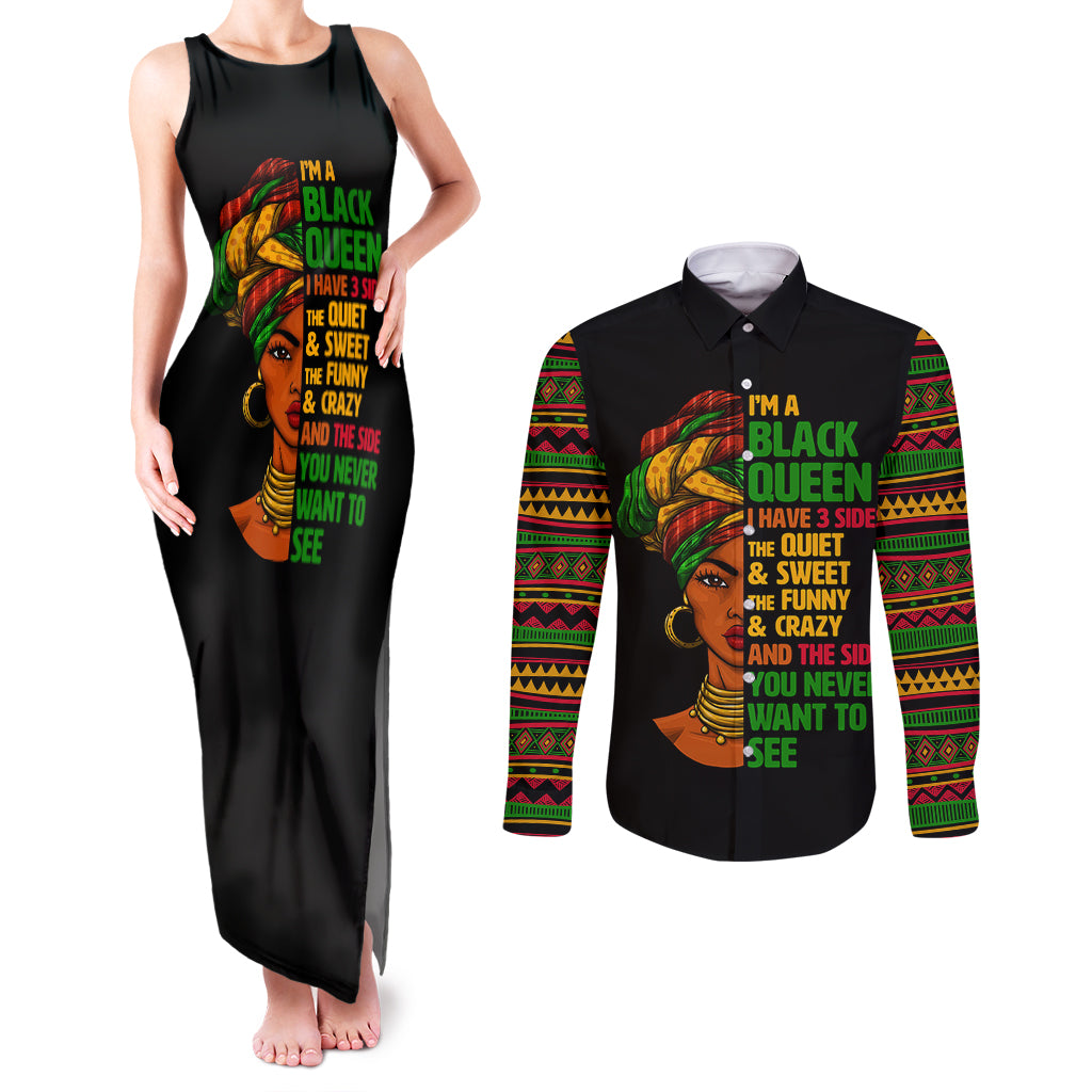 Three Sides Of Me Couples Matching Tank Maxi Dress and Long Sleeve Button Shirts African Women Black Queen - Wonder Print Shop