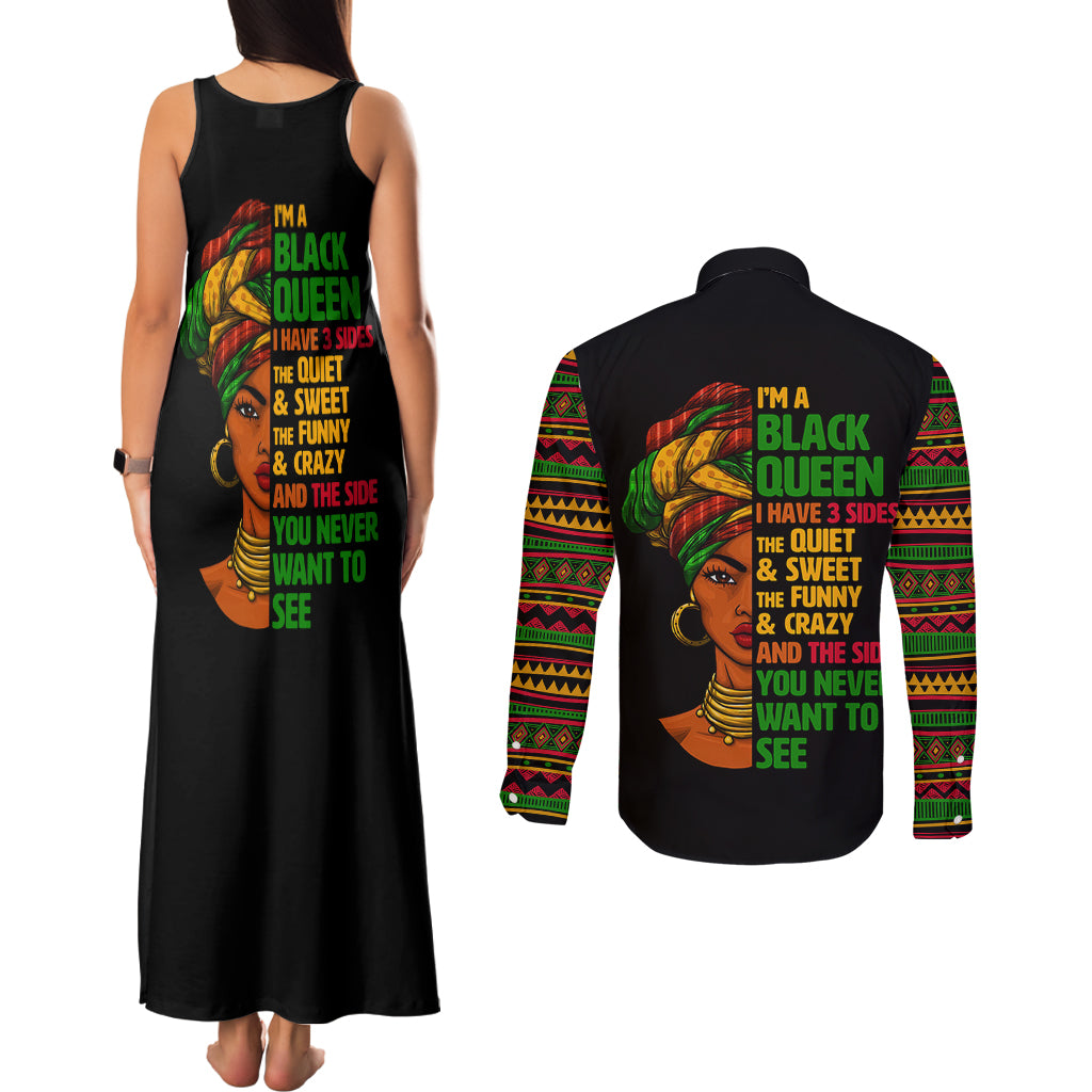 Three Sides Of Me Couples Matching Tank Maxi Dress and Long Sleeve Button Shirts African Women Black Queen - Wonder Print Shop