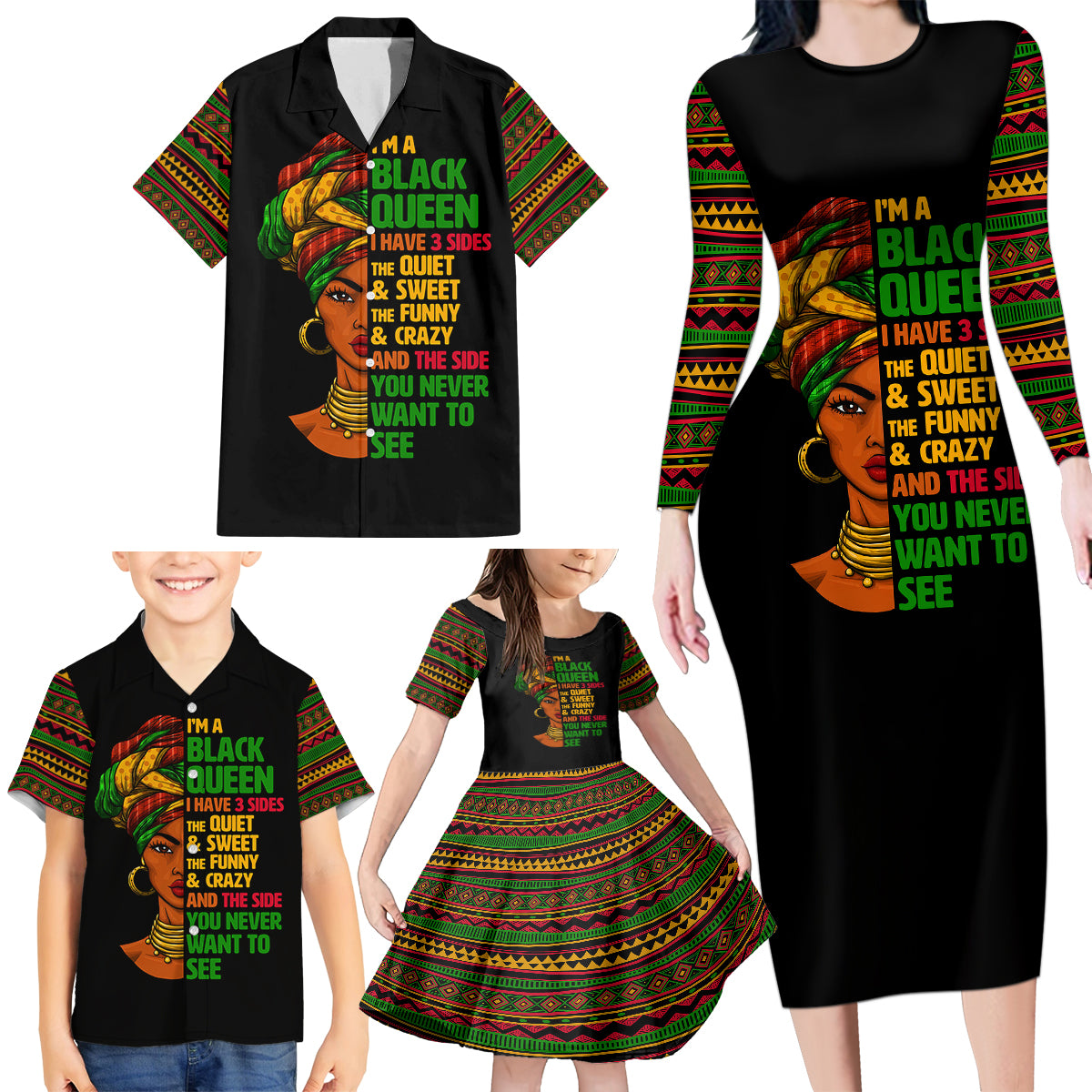 Three Sides Of Me Family Matching Long Sleeve Bodycon Dress and Hawaiian Shirt African Women Black Queen - Wonder Print Shop