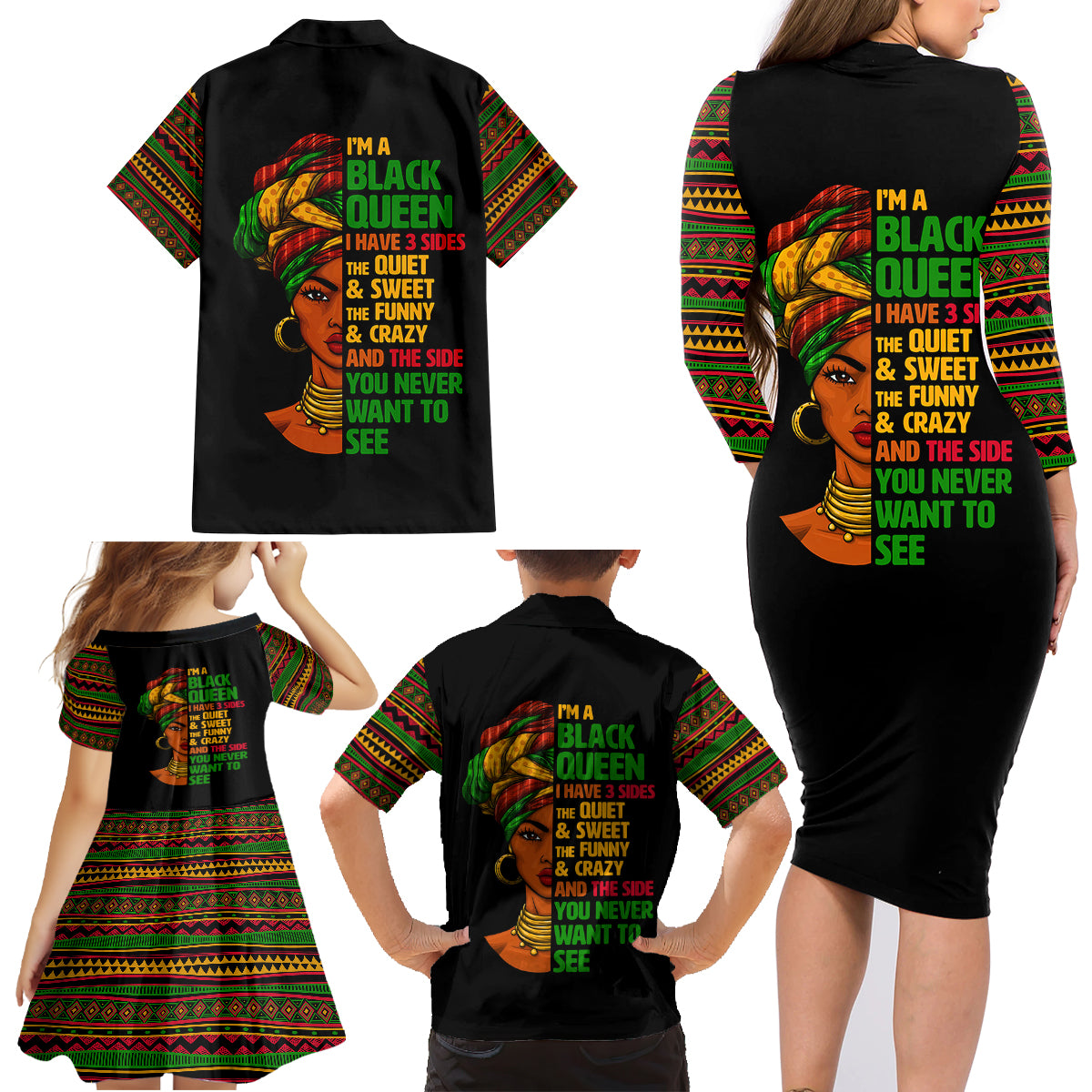 Three Sides Of Me Family Matching Long Sleeve Bodycon Dress and Hawaiian Shirt African Women Black Queen - Wonder Print Shop
