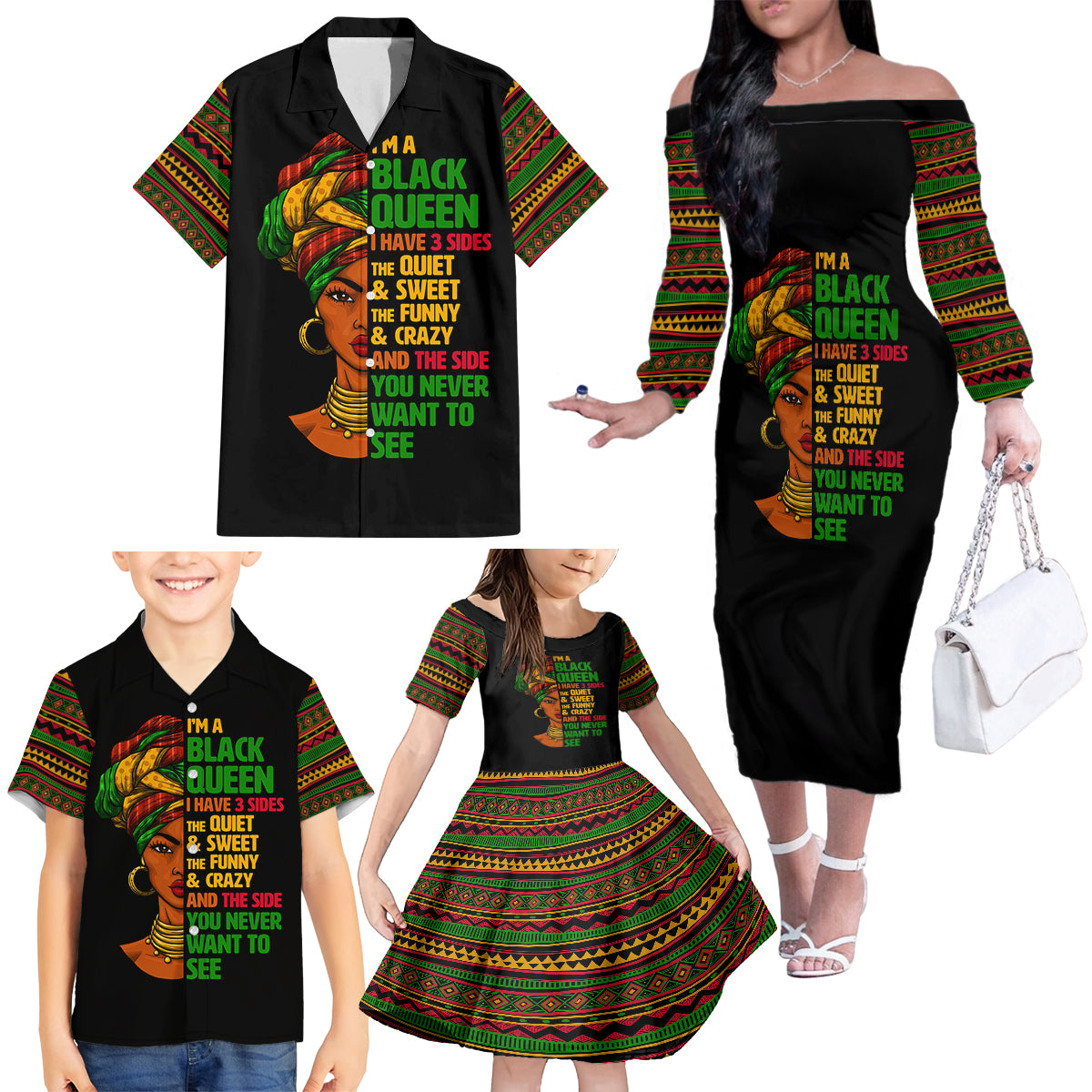 Three Sides Of Me Family Matching Off Shoulder Long Sleeve Dress and Hawaiian Shirt African Women Black Queen - Wonder Print Shop