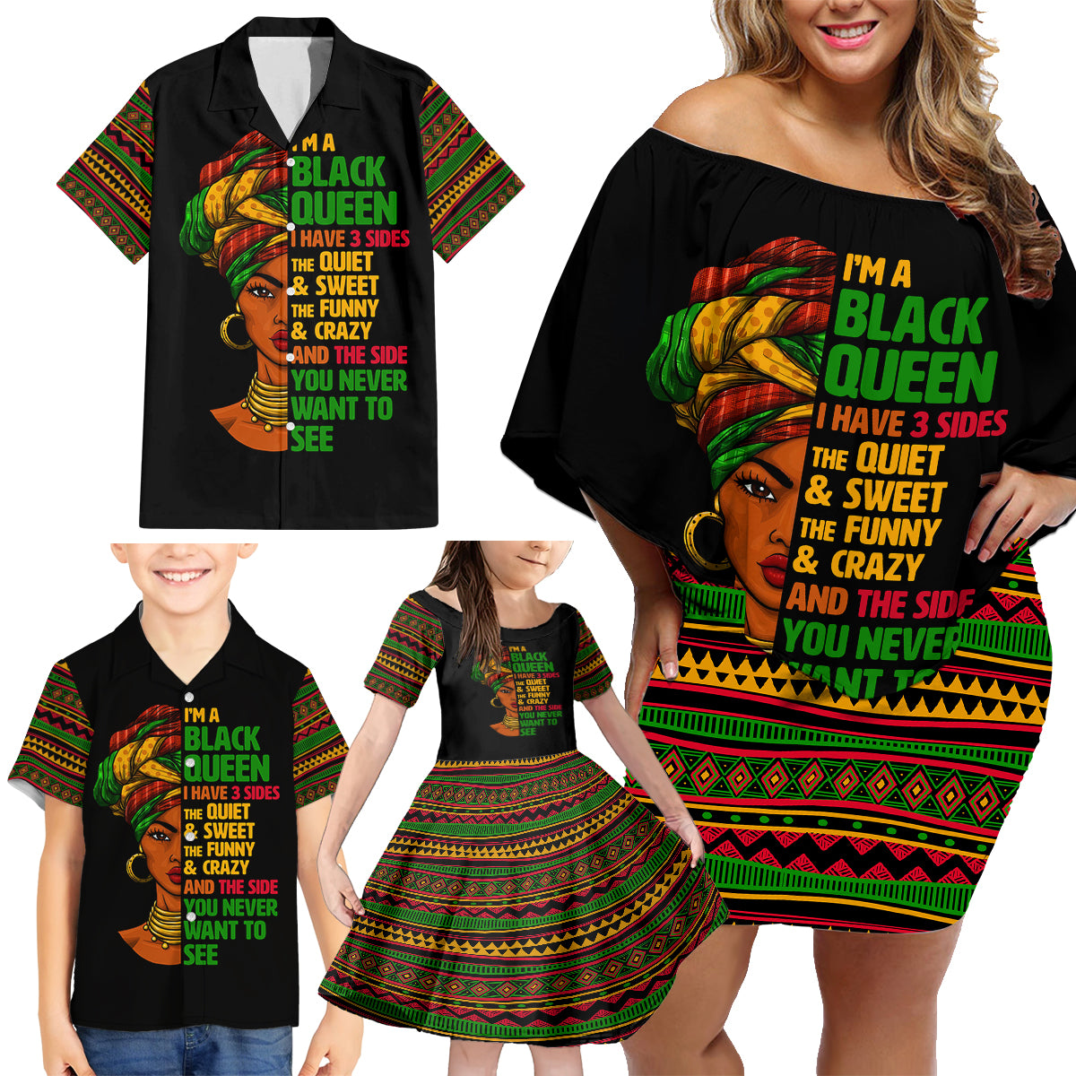 Three Sides Of Me Family Matching Off Shoulder Short Dress and Hawaiian Shirt African Women Black Queen - Wonder Print Shop