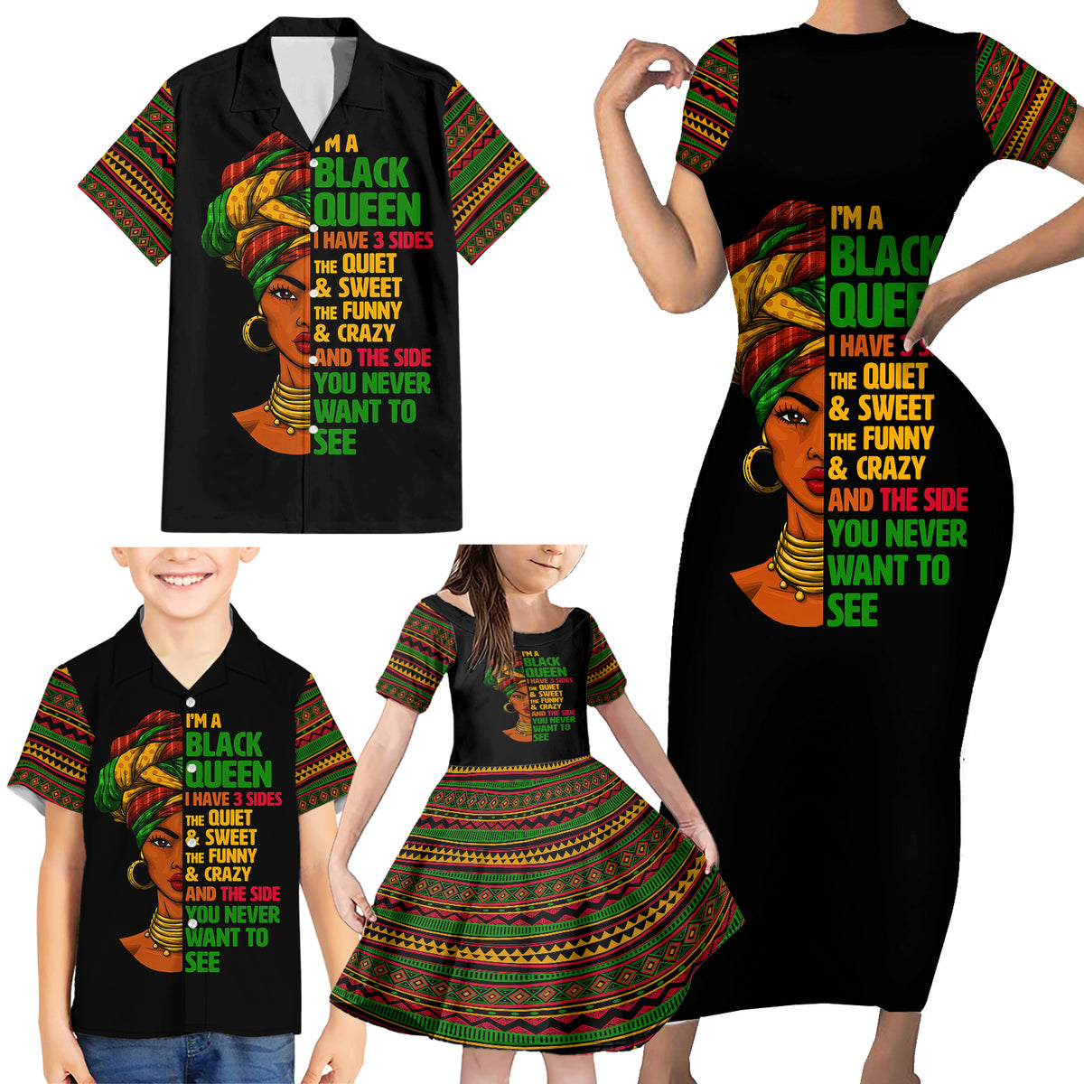Three Sides Of Me Family Matching Short Sleeve Bodycon Dress and Hawaiian Shirt African Women Black Queen - Wonder Print Shop