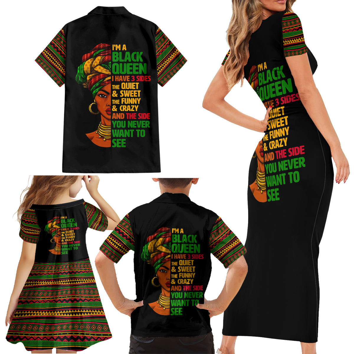 Three Sides Of Me Family Matching Short Sleeve Bodycon Dress and Hawaiian Shirt African Women Black Queen - Wonder Print Shop