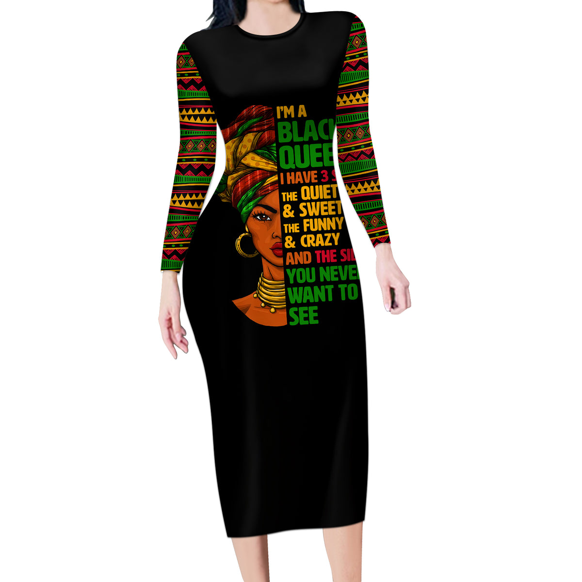 Three Sides Of Me Long Sleeve Bodycon Dress African Women Black Queen - Wonder Print Shop