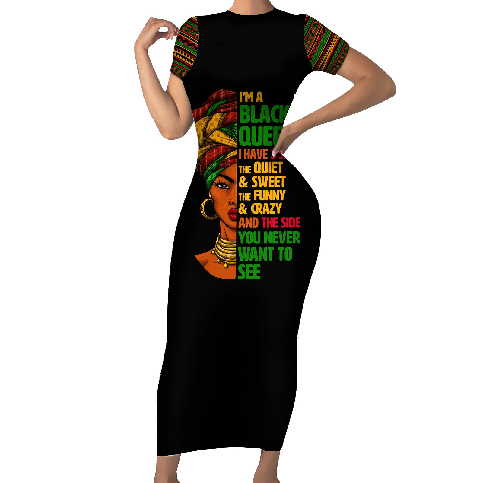 Three Sides Of Me Short Sleeve Bodycon Dress African Women Black Queen - Wonder Print Shop
