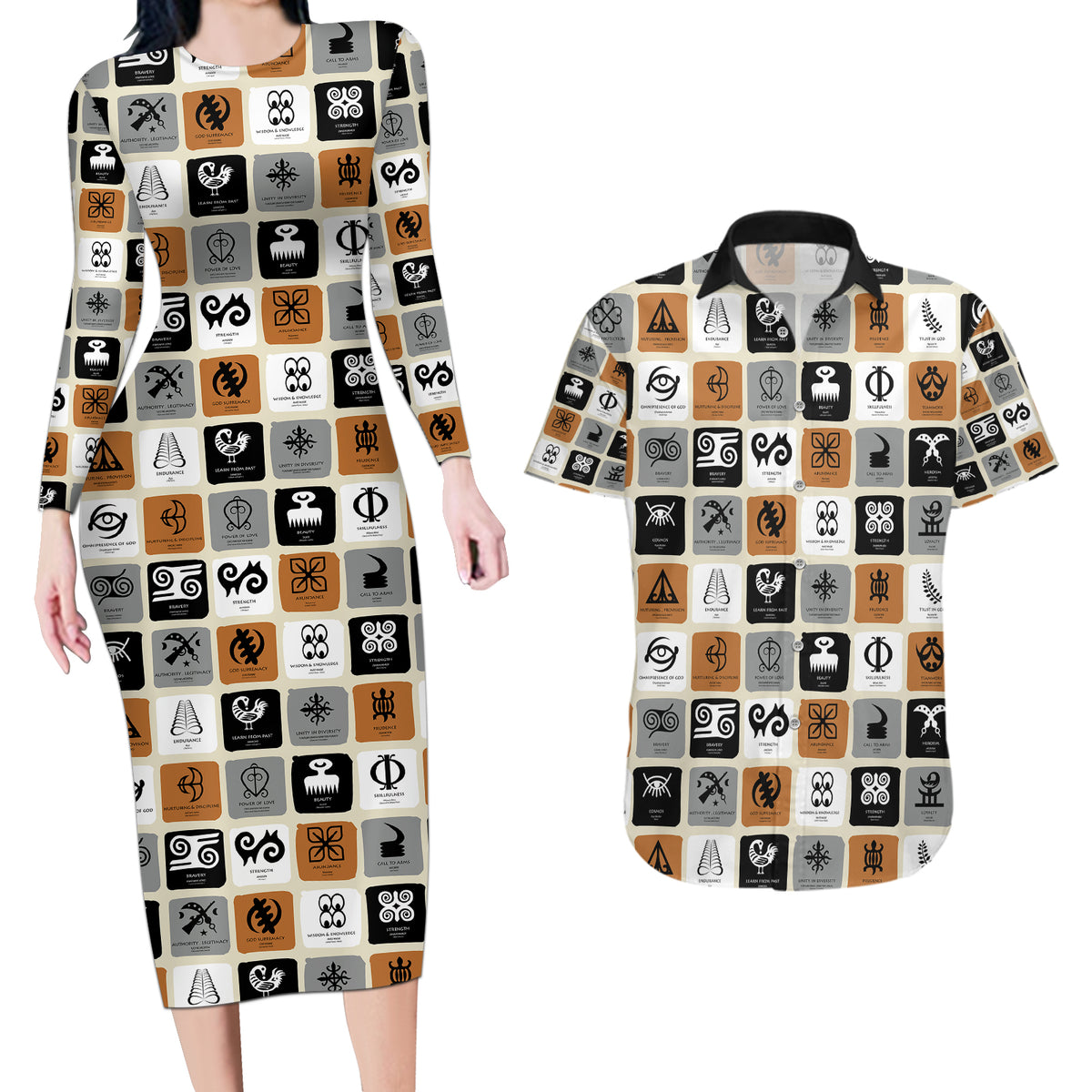 Adinkra Symbols Fashion Couples Matching Long Sleeve Bodycon Dress and Hawaiian Shirt - Wonder Print Shop