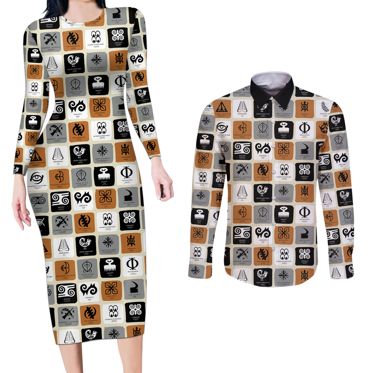 Adinkra Symbols Fashion Couples Matching Long Sleeve Bodycon Dress and Long Sleeve Button Shirts - Wonder Print Shop