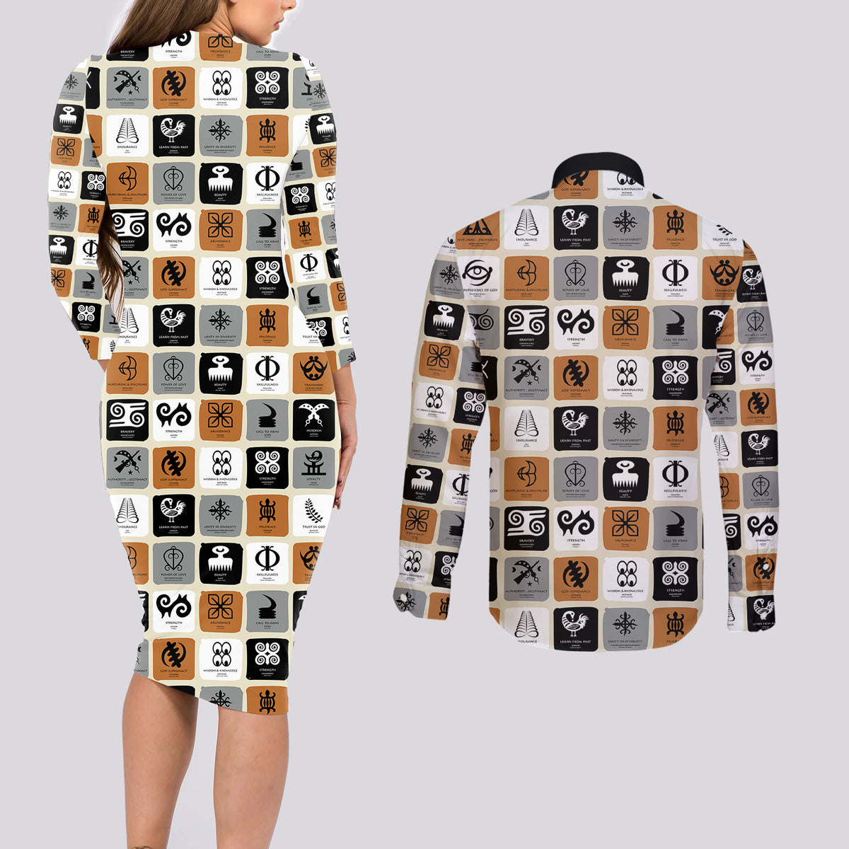 Adinkra Symbols Fashion Couples Matching Long Sleeve Bodycon Dress and Long Sleeve Button Shirts - Wonder Print Shop