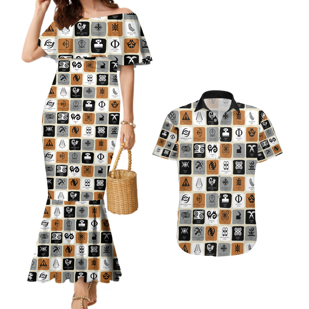 Adinkra Symbols Fashion Couples Matching Mermaid Dress and Hawaiian Shirt - Wonder Print Shop