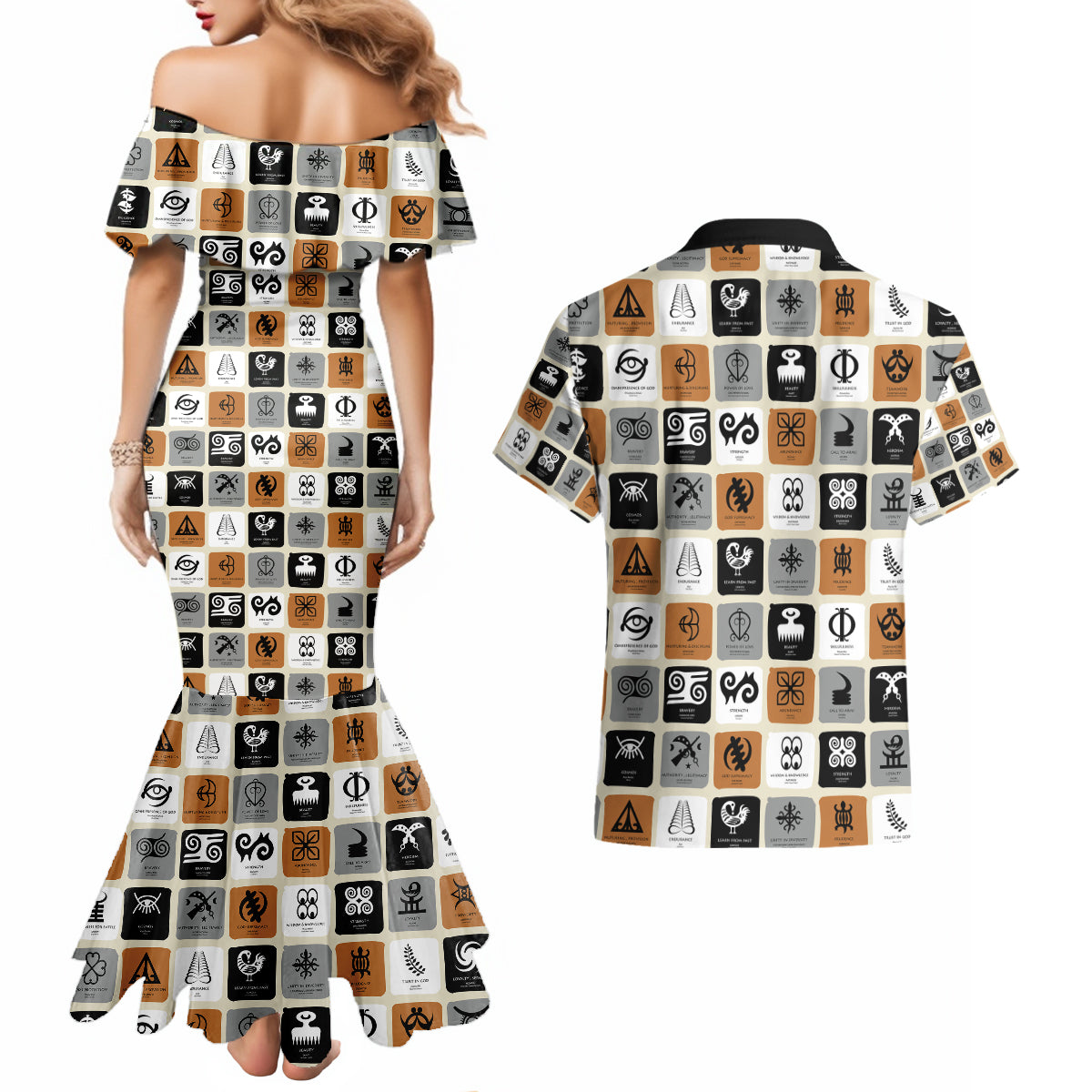 Adinkra Symbols Fashion Couples Matching Mermaid Dress and Hawaiian Shirt - Wonder Print Shop