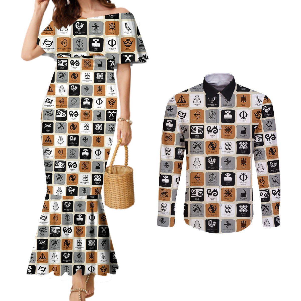 adinkra-symbols-fashion-couples-matching-mermaid-dress-and-long-sleeve-button-shirts