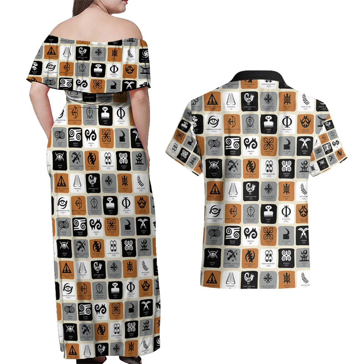 Adinkra Symbols Fashion Couples Matching Off Shoulder Maxi Dress and Hawaiian Shirt - Wonder Print Shop