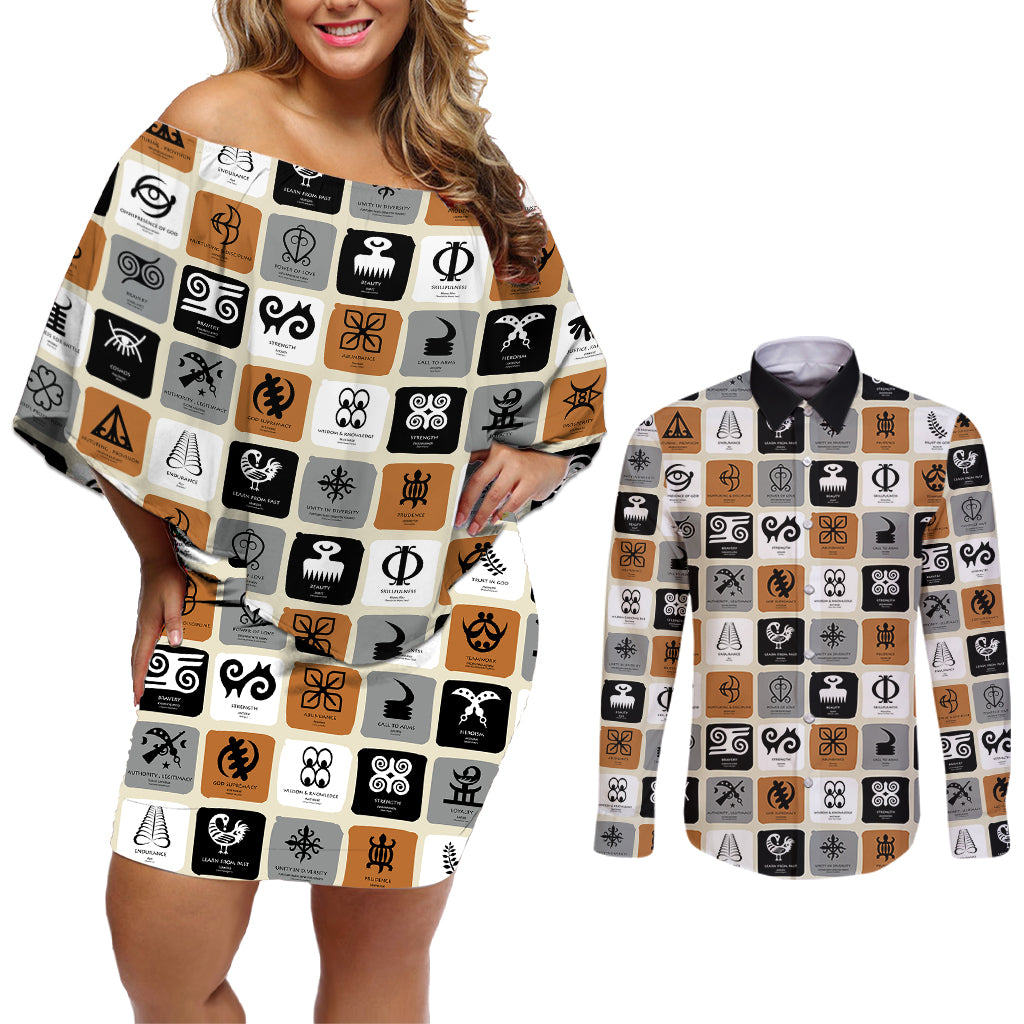 Adinkra Symbols Fashion Couples Matching Off Shoulder Short Dress and Long Sleeve Button Shirts - Wonder Print Shop