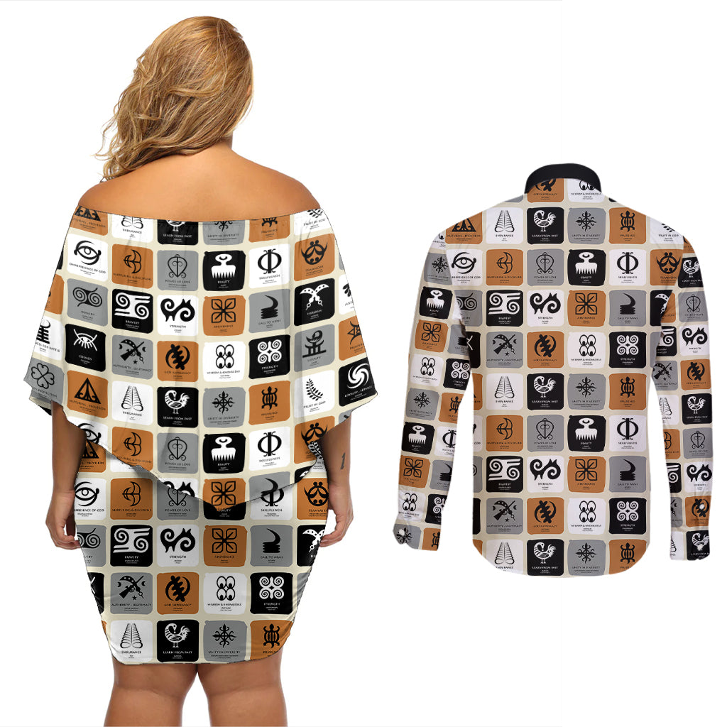 Adinkra Symbols Fashion Couples Matching Off Shoulder Short Dress and Long Sleeve Button Shirts - Wonder Print Shop