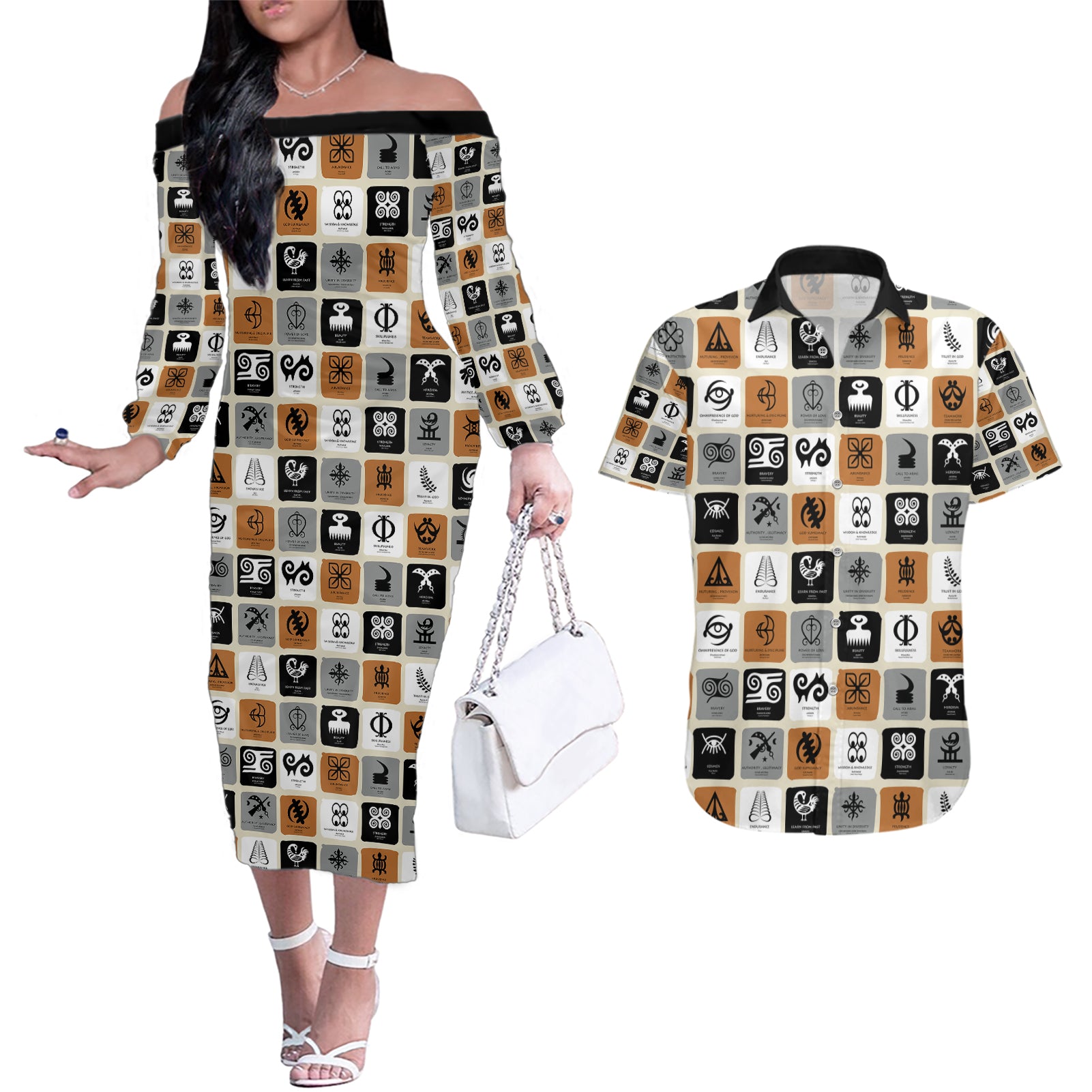 Adinkra Symbols Fashion Couples Matching Off The Shoulder Long Sleeve Dress and Hawaiian Shirt - Wonder Print Shop