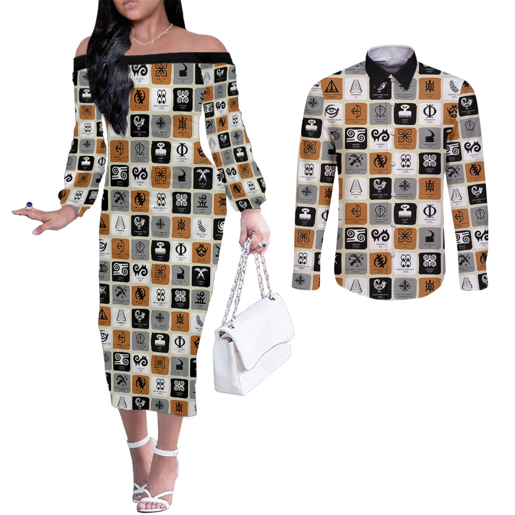 adinkra-symbols-fashion-couples-matching-off-the-shoulder-long-sleeve-dress-and-long-sleeve-button-shirts
