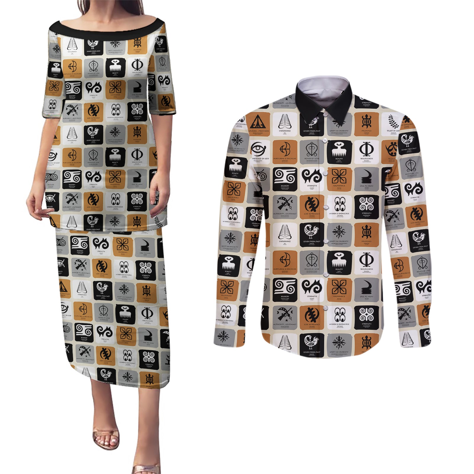 Adinkra Symbols Fashion Couples Matching Puletasi Dress and Long Sleeve Button Shirts - Wonder Print Shop
