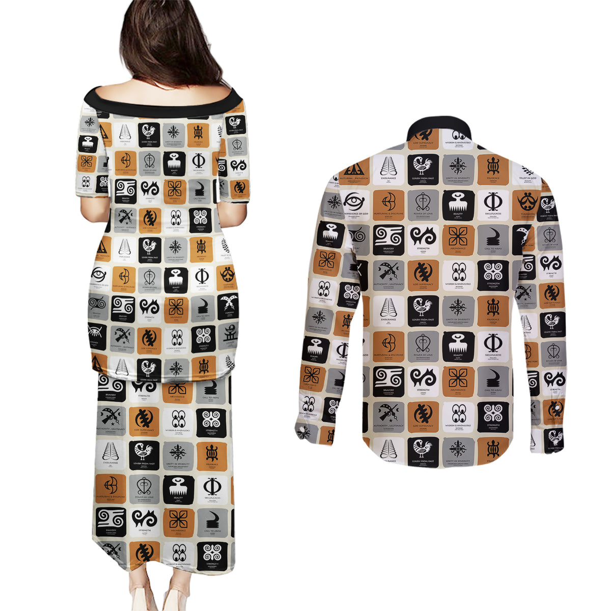 Adinkra Symbols Fashion Couples Matching Puletasi Dress and Long Sleeve Button Shirts - Wonder Print Shop
