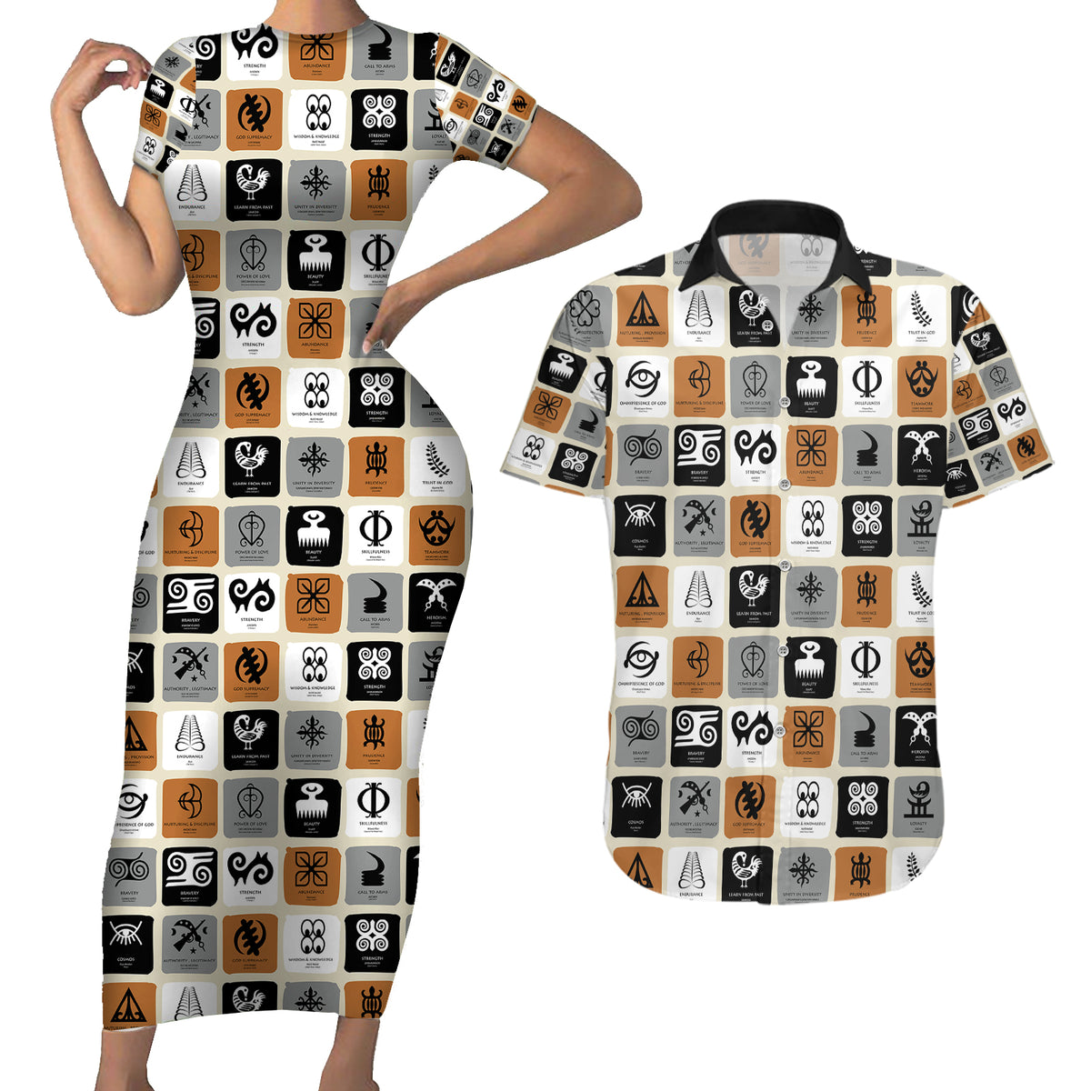 Adinkra Symbols Fashion Couples Matching Short Sleeve Bodycon Dress and Hawaiian Shirt - Wonder Print Shop