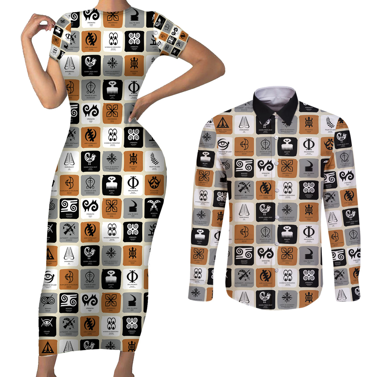 Adinkra Symbols Fashion Couples Matching Short Sleeve Bodycon Dress and Long Sleeve Button Shirts - Wonder Print Shop