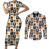 Adinkra Symbols Fashion Couples Matching Short Sleeve Bodycon Dress and Long Sleeve Button Shirts - Wonder Print Shop