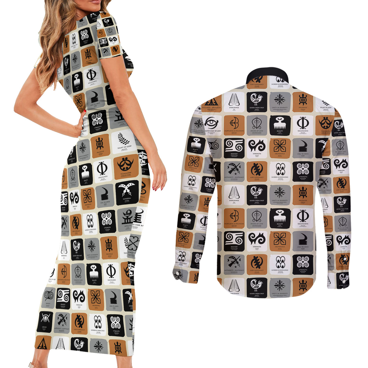 Adinkra Symbols Fashion Couples Matching Short Sleeve Bodycon Dress and Long Sleeve Button Shirts - Wonder Print Shop