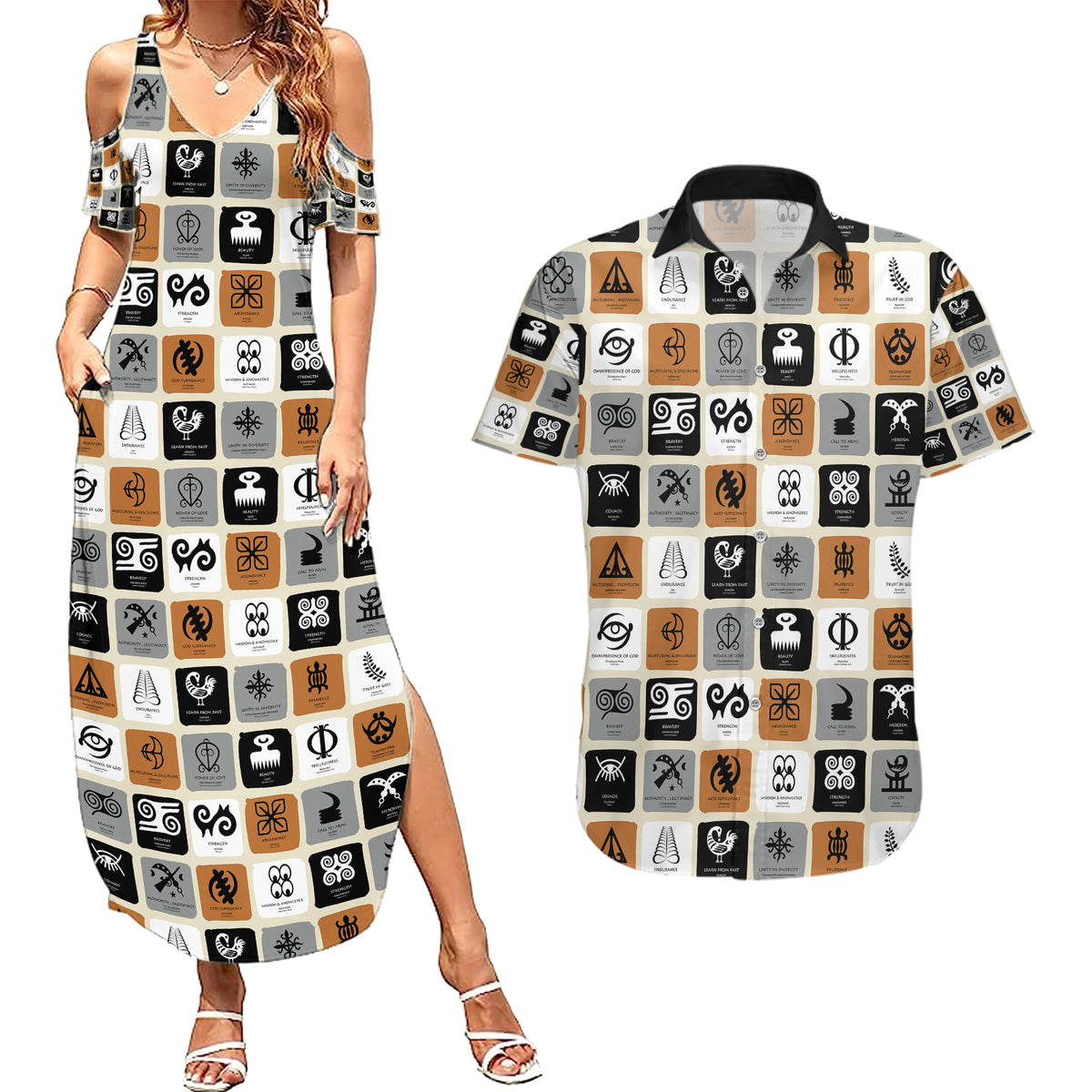 Adinkra Symbols Fashion Couples Matching Summer Maxi Dress and Hawaiian Shirt - Wonder Print Shop