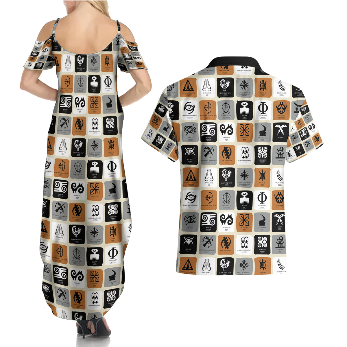 Adinkra Symbols Fashion Couples Matching Summer Maxi Dress and Hawaiian Shirt - Wonder Print Shop